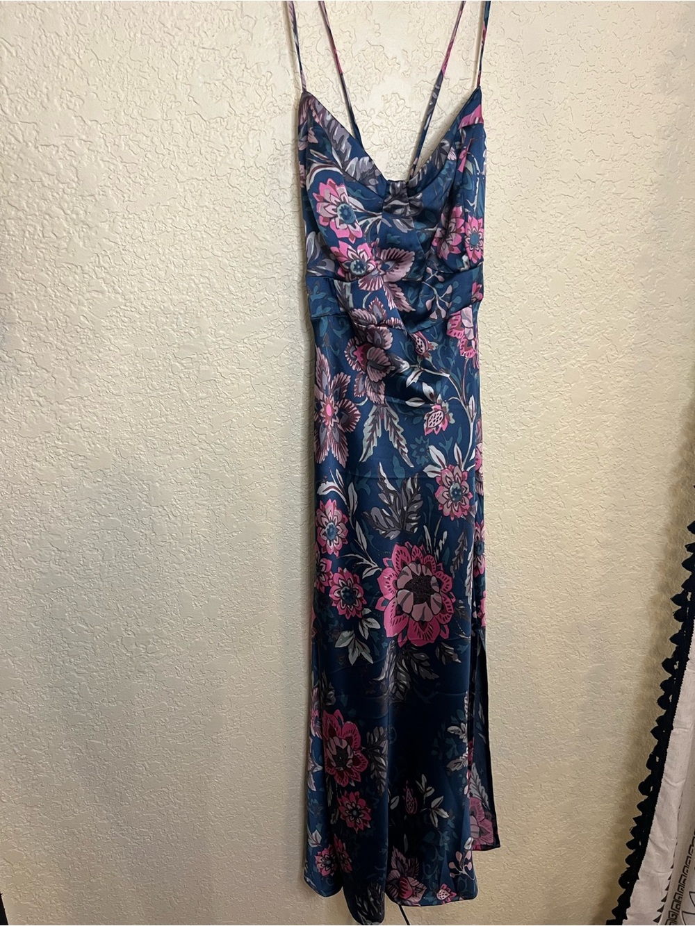 Forever 21 Navy Satin Dress with Pink and Purple Floral Print